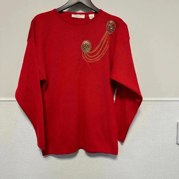 John Henry Editions Sweaters - VINTAGE Women's John Henry Editions Sweater L, Red & Gold, Embroidery